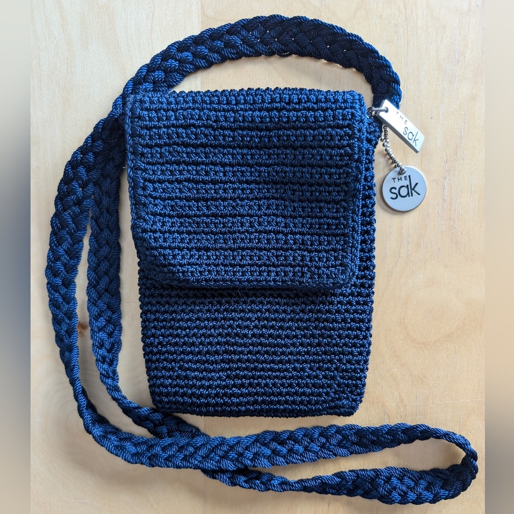 The Sak | Small Navy Blue Crochet Crossbody Bag with Flap Front